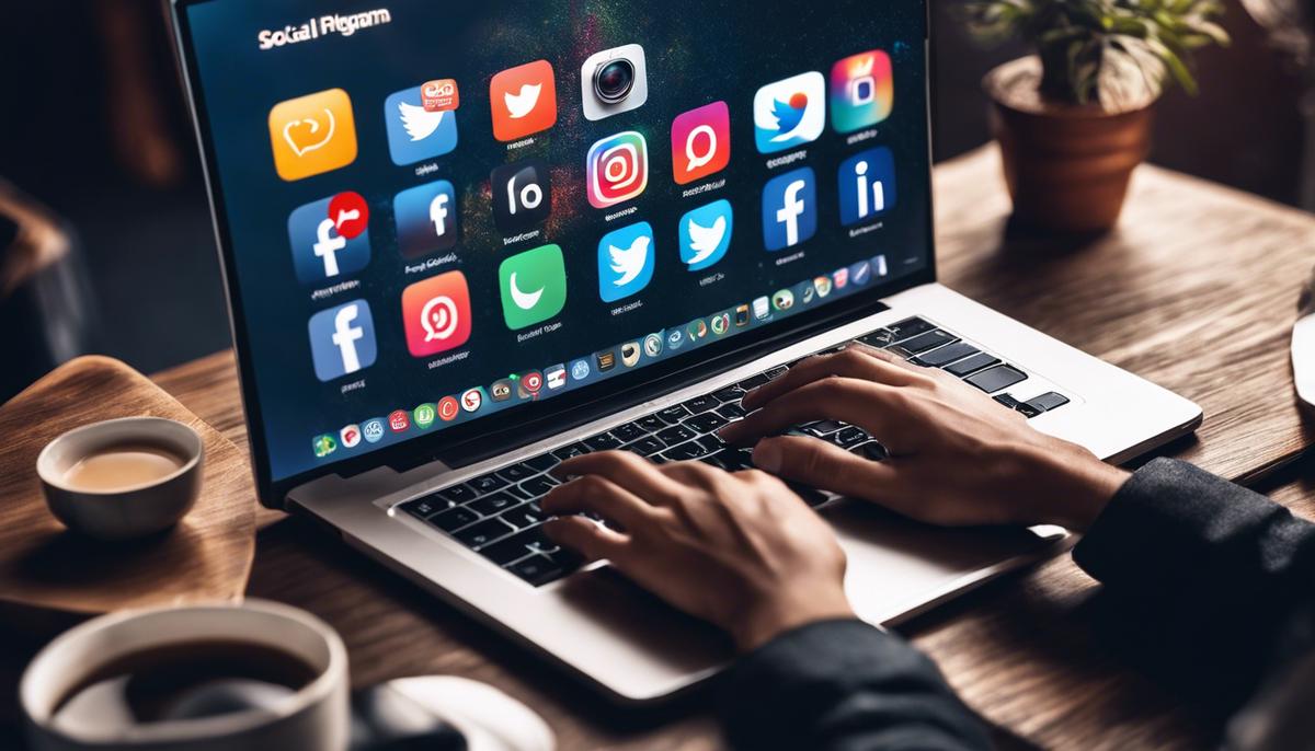 Image depicting a person typing on a laptop and icons of social media platforms representing the concept of affiliate marketing on Instagram.
