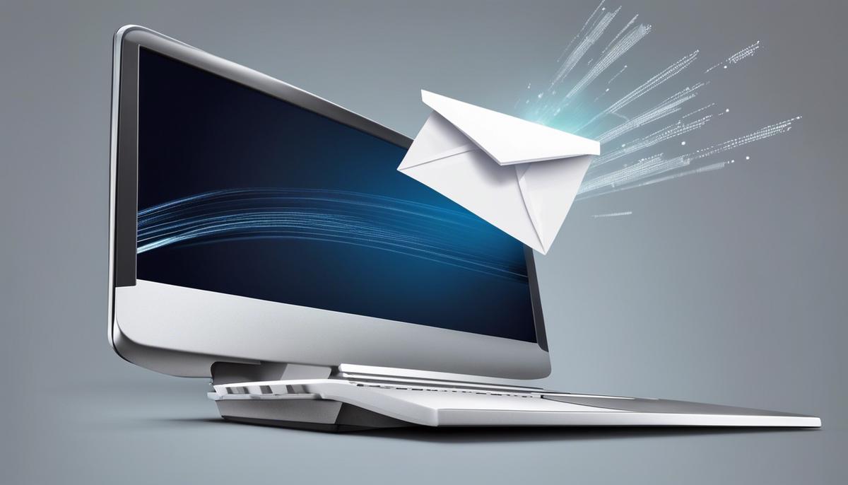 A computer screen showing an email being sent with a rocket flying out of the screen, symbolizing the growth brought by email marketing.