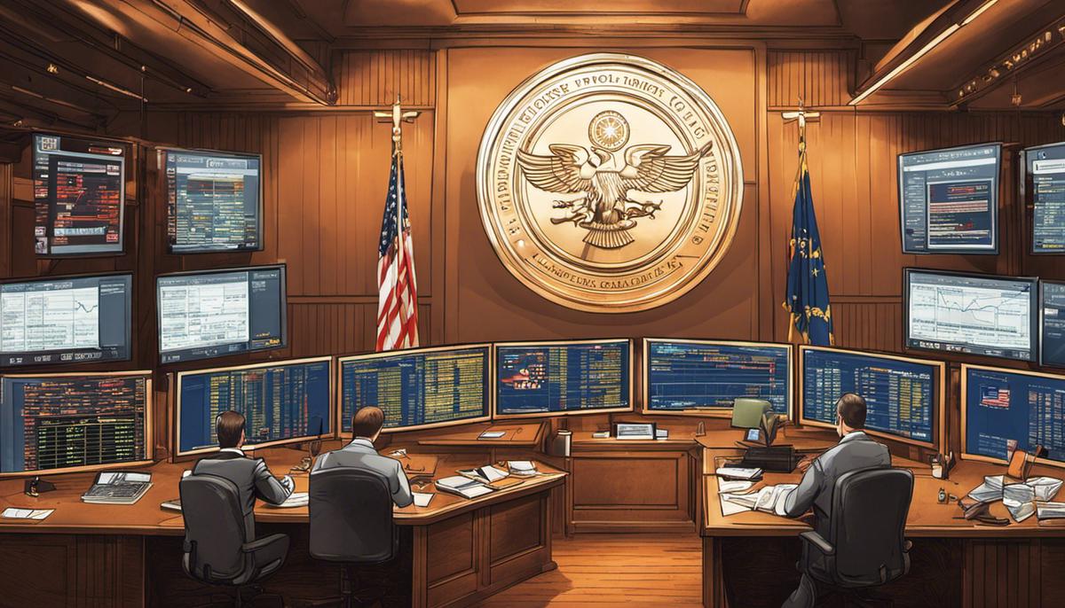 Illustration of regulatory bodies overseeing the Forex market with symbols representing NFA and CFTC.