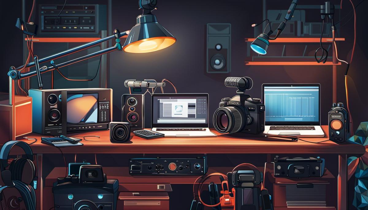 Illustration of video production equipment: camera, lighting equipment, and headphones intertwined